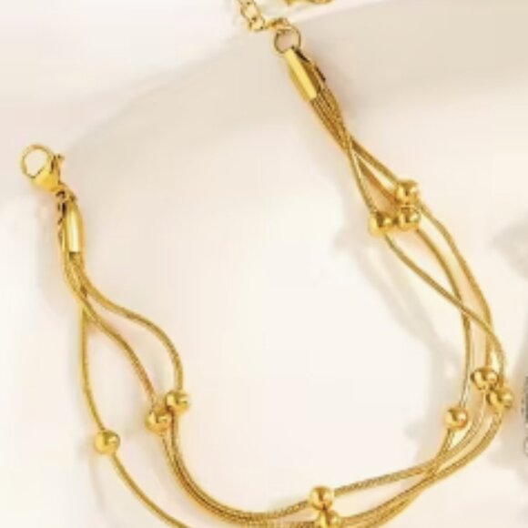 18K Gold-Plated Stainless Steel Triple-Layer Snake Chain Beaded Bracelet - Picture 4 of 6